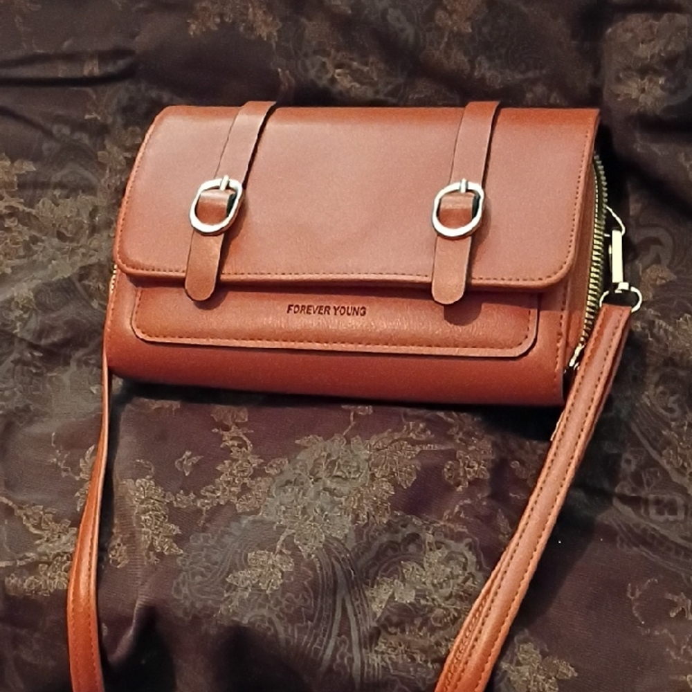 Forever Young Tan Crossbody Bag with Silver Buckles